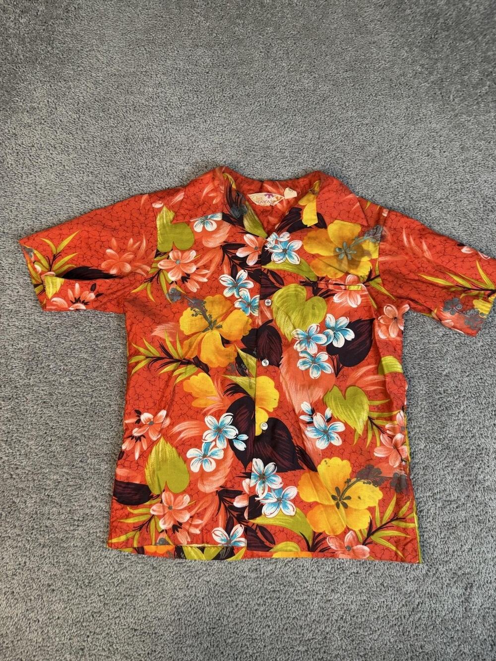 Vintage 70s Sears Hawaiian Shirt Mens M Orange Short Sleeve Button Up Rayon